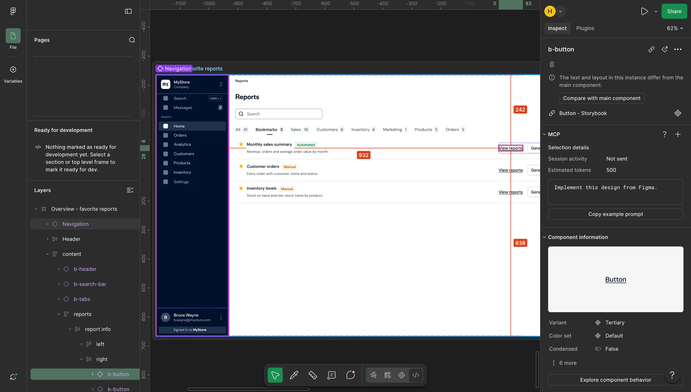 Figma Dev Mode: the same button selected, with redline spacing and its component information in Inspect