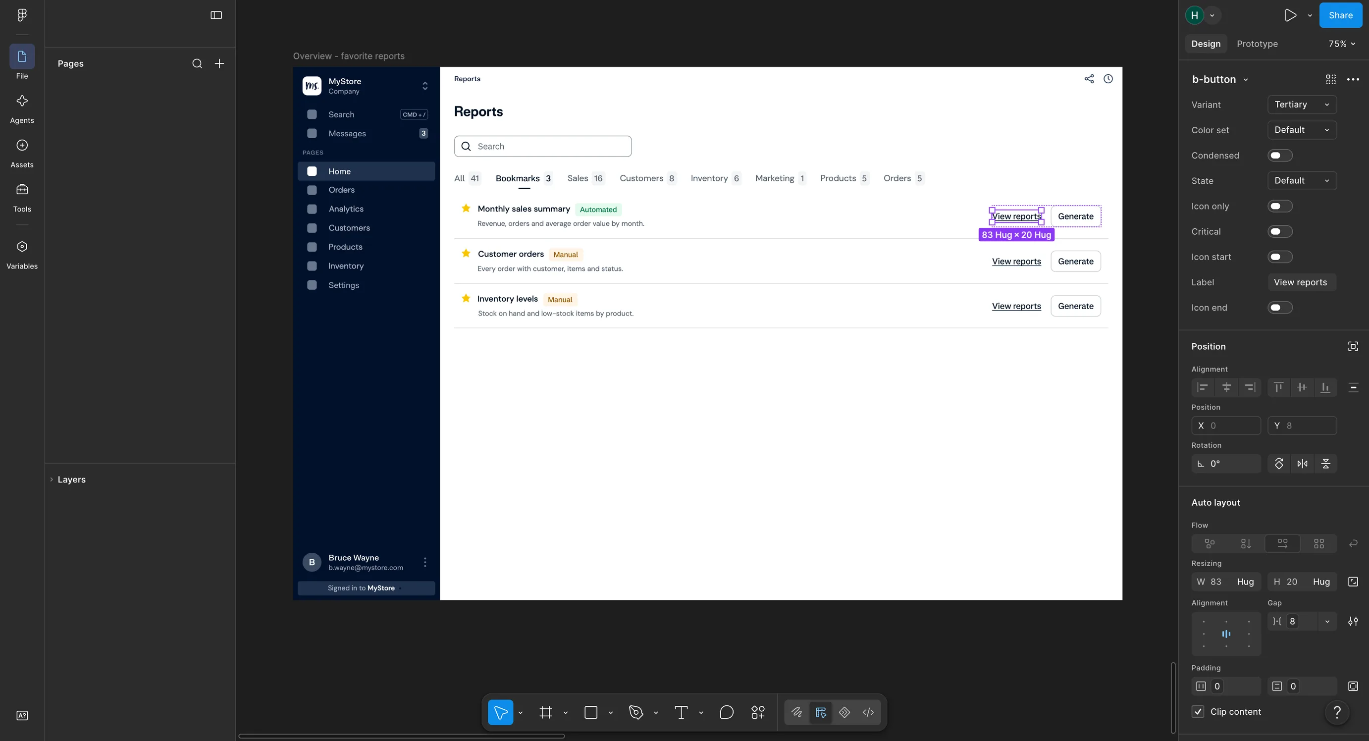 Figma Design mode: the View reports button selected, showing its Tertiary variant and properties