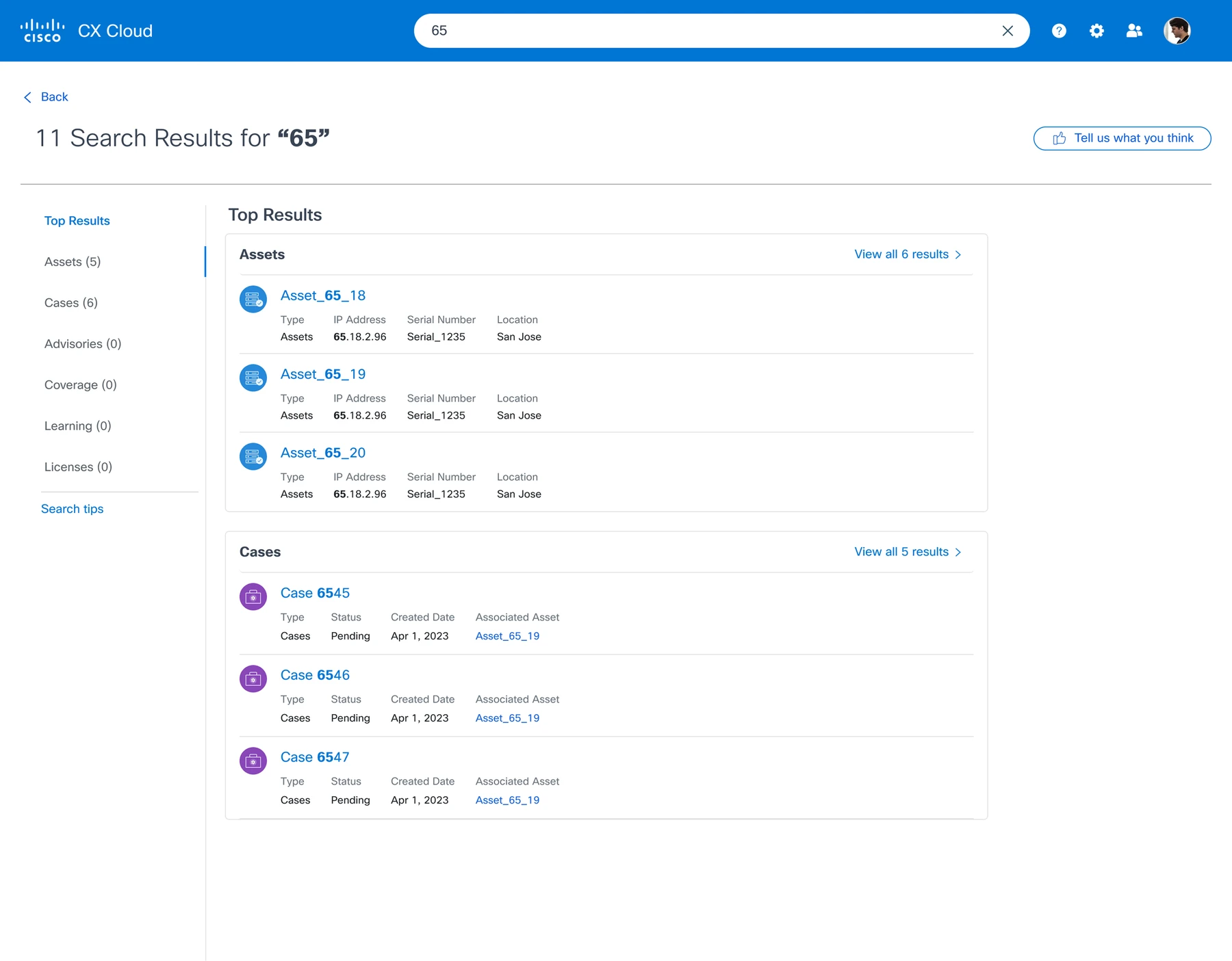 The redesigned CX Cloud search: tips in the empty state, recent history, and tabbed results