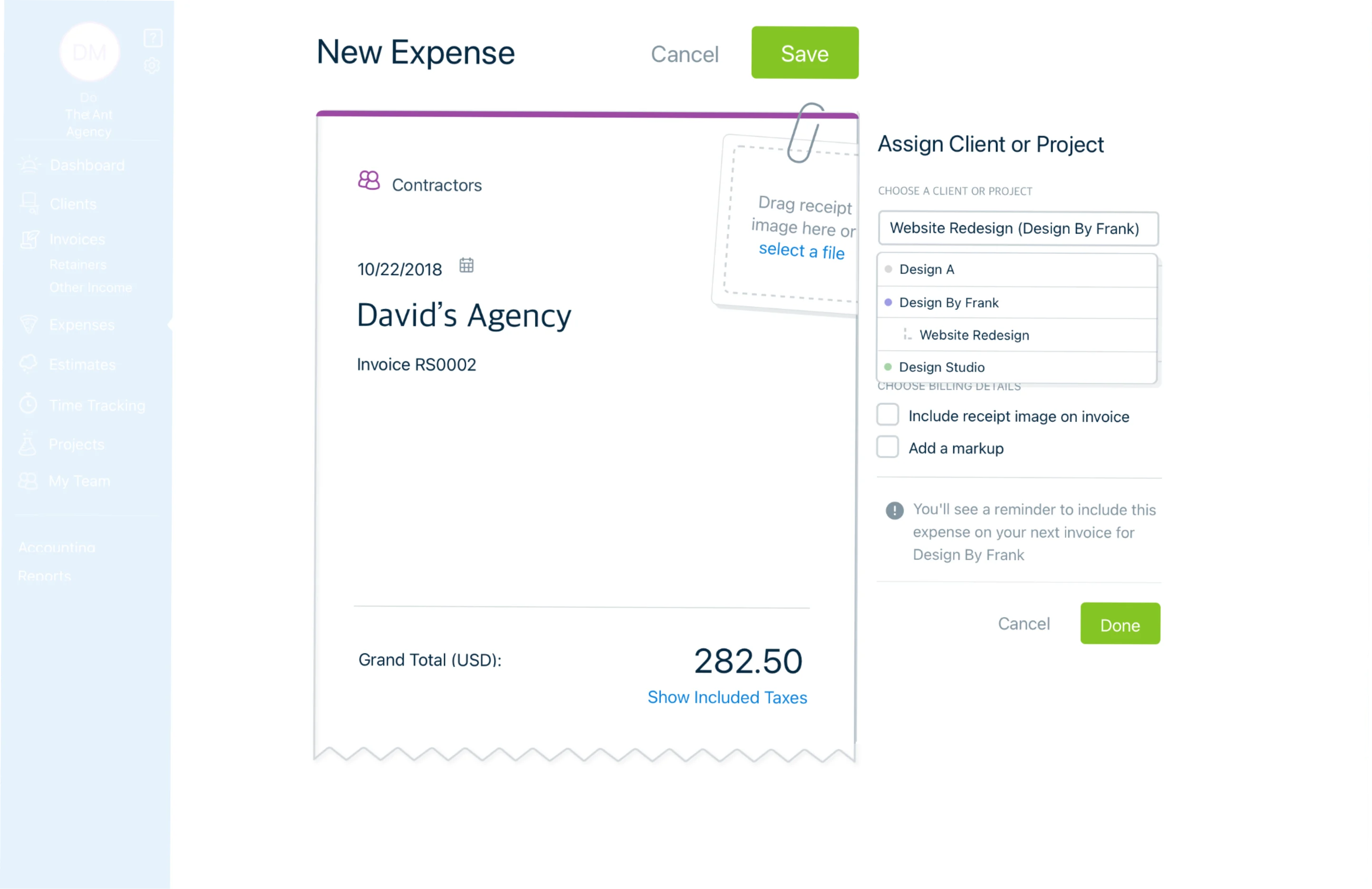 The shipped create-expense screen, with the project assigned at the point of entry